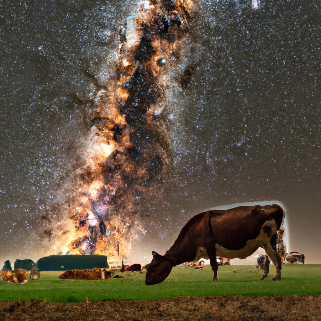 An AI Photographer capturing a perfectly lit scene of a cow with the milky way.